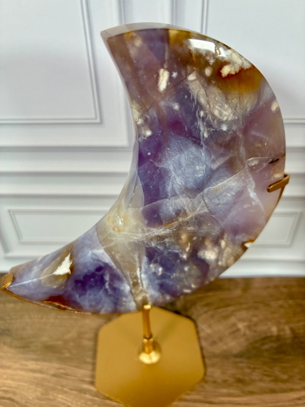 Lavender Purple Chalcedony Crescent Moon • Gold Stand Crystal Décor • Celestial - Picture 6 of 9